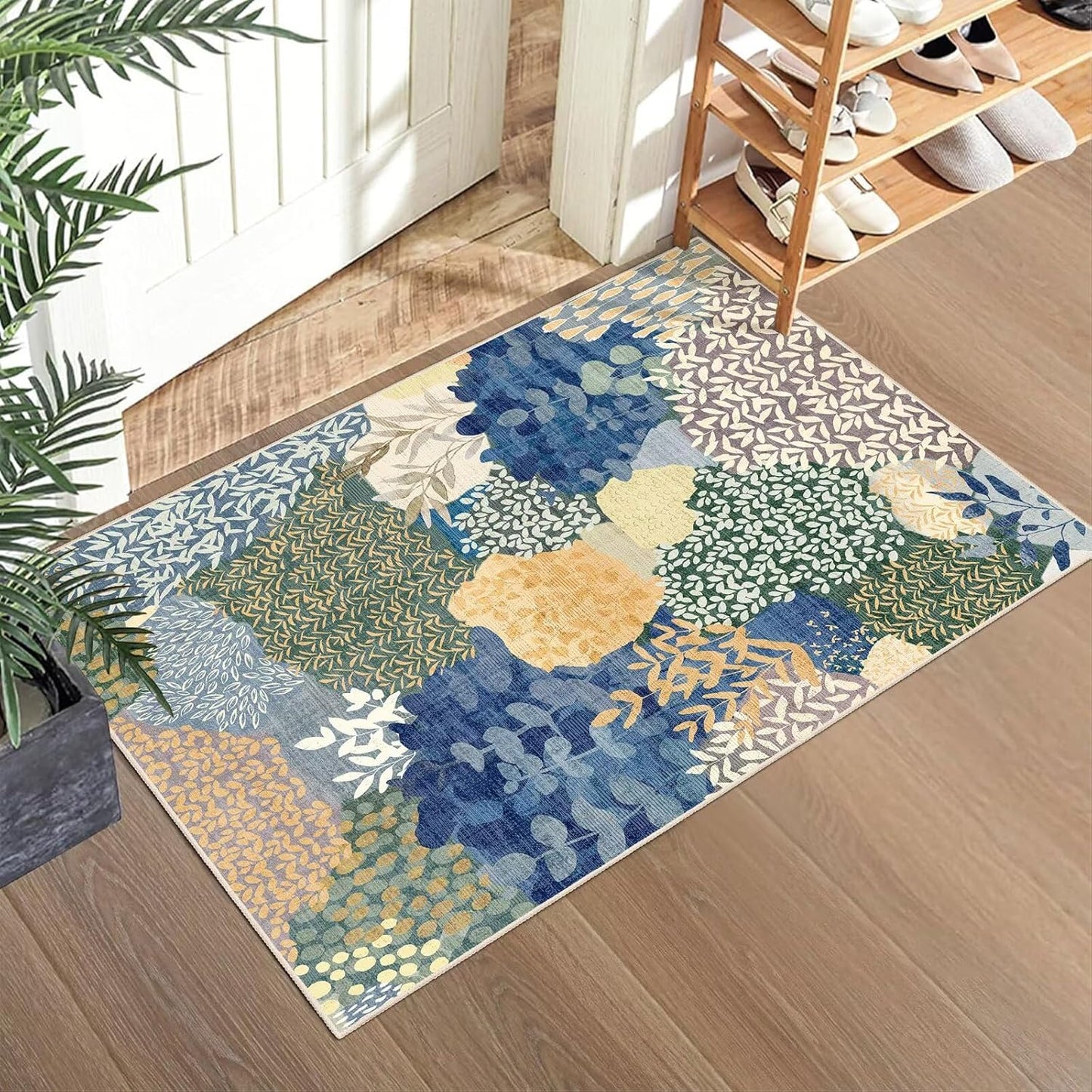 DEXDE Runner Rug 2x6 Washable Hallway Boho Soft Area Rugs Abstract Long Non Slip Botanical Leaves Floral Print Carpet for Entryway, Kitchen, Laundry, Bathroom, Bedroom,Blue