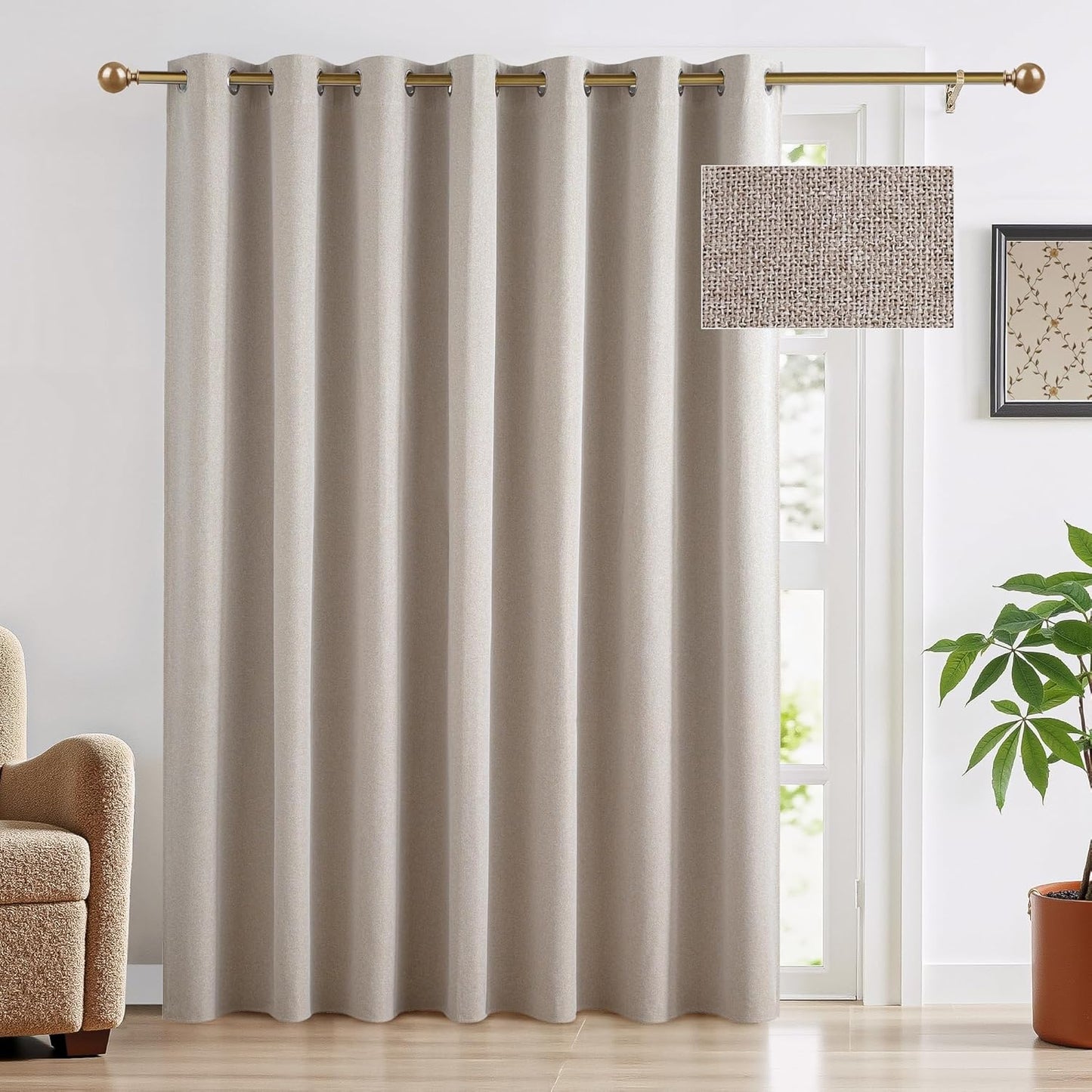 RYB HOME 100% Blackout Linen Curtains for Sliding Glass Doors, Extra Wide Thermal Insulated Privacy Curtains for Bedroom/Patio Door/Living Room/Open Closet, Room Divider, Linen, W100xL84, 1 Panel