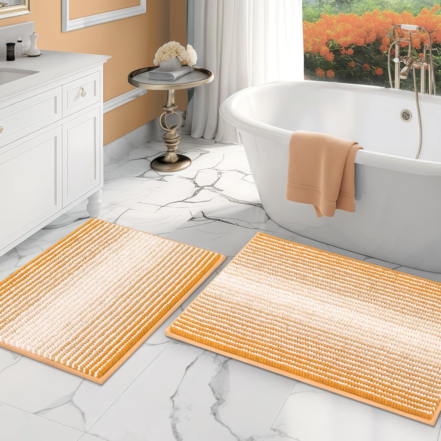 BSICPRO Bathroom Rugs and Mats Sets, 2 Piece Thick Absorbent Chenille Non Slip, Soft Shaggy Floor Mats, Machine Washable (20" x 47" Plus 16" x 24", Gray)
