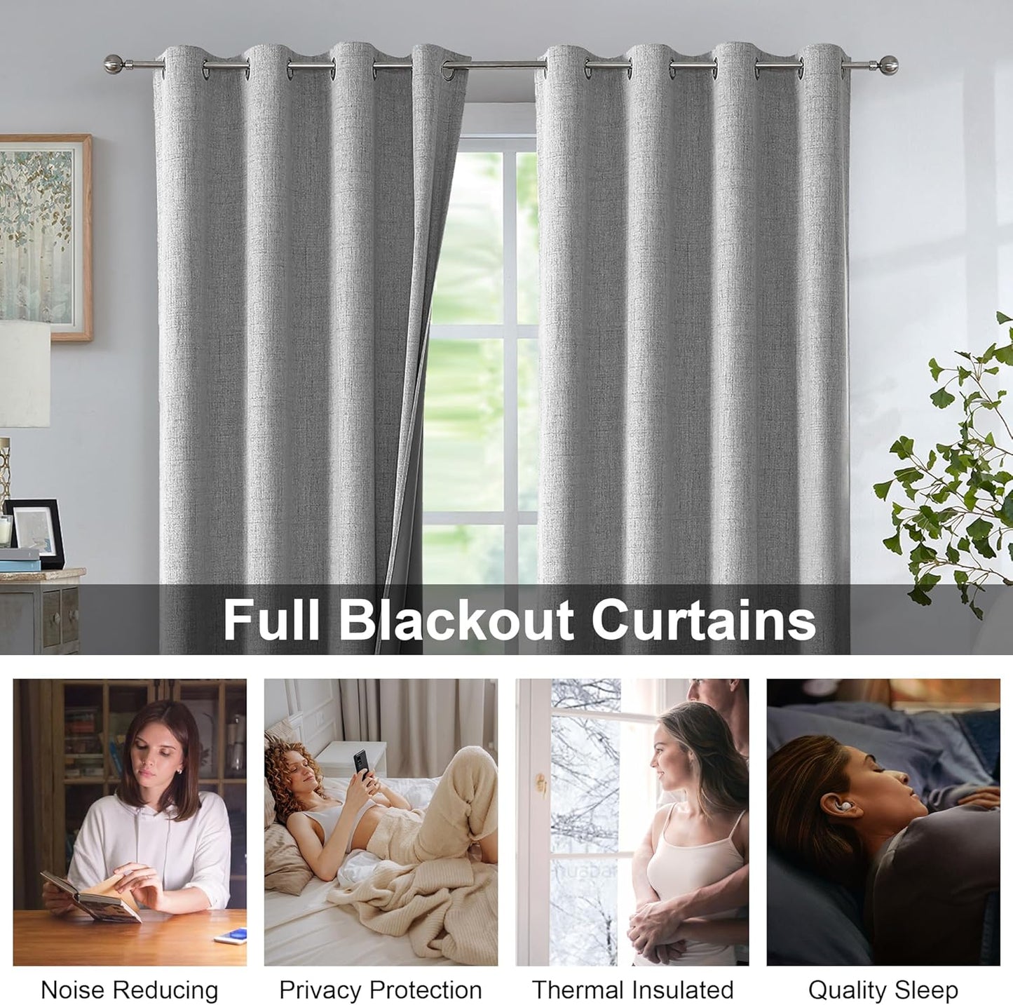 Urban Lotus Grey Linen Textured Full Blackout Curtain Panels 84 Inches Long Solid Color Room Darkening Thermal Inulated Drapes for Living Room/Bedroom Grommet Top Window Treatment, 52" W, 2 Panels