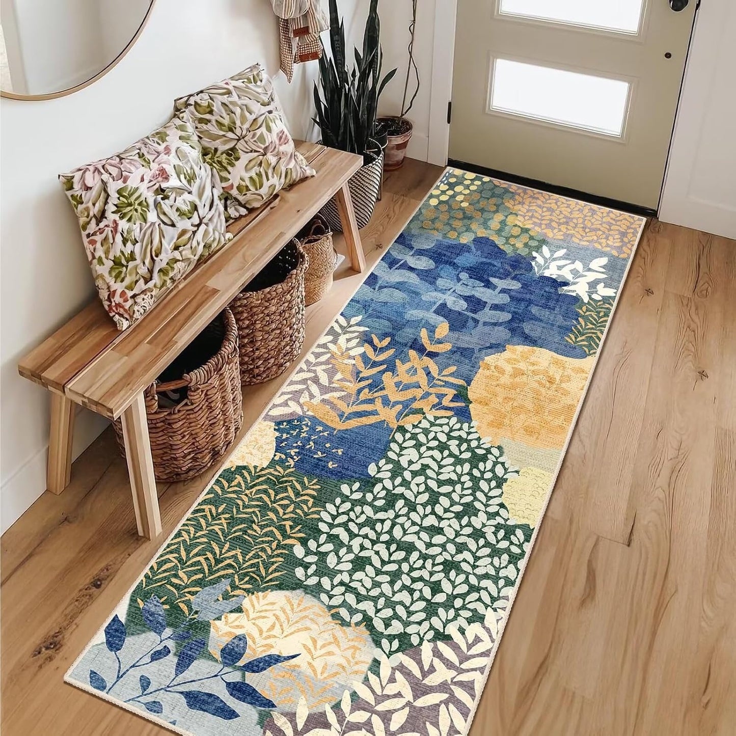 DEXDE Runner Rug 2x6 Washable Hallway Boho Soft Area Rugs Abstract Long Non Slip Botanical Leaves Floral Print Carpet for Entryway, Kitchen, Laundry, Bathroom, Bedroom,Blue