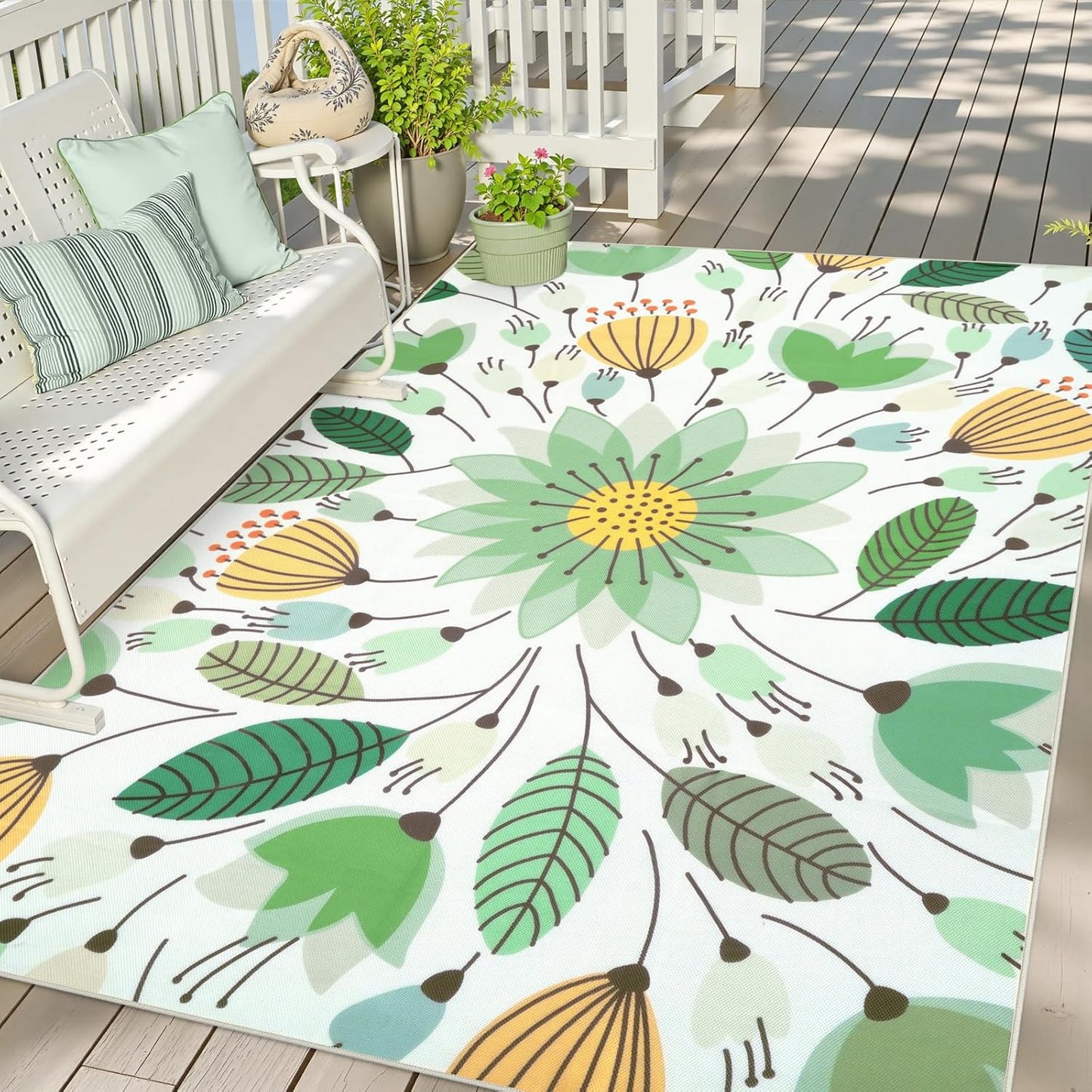 Uphome Blue Floral Patio Rug 6x9 ft, Breathable & Quick Drying Outdoor Rug Carpet, Non-Slip Washable RV Camping Mat, Flower Indoor Outdoor Area Rug for Backyard Garden Deck Balcony Picnic, 6'x9'