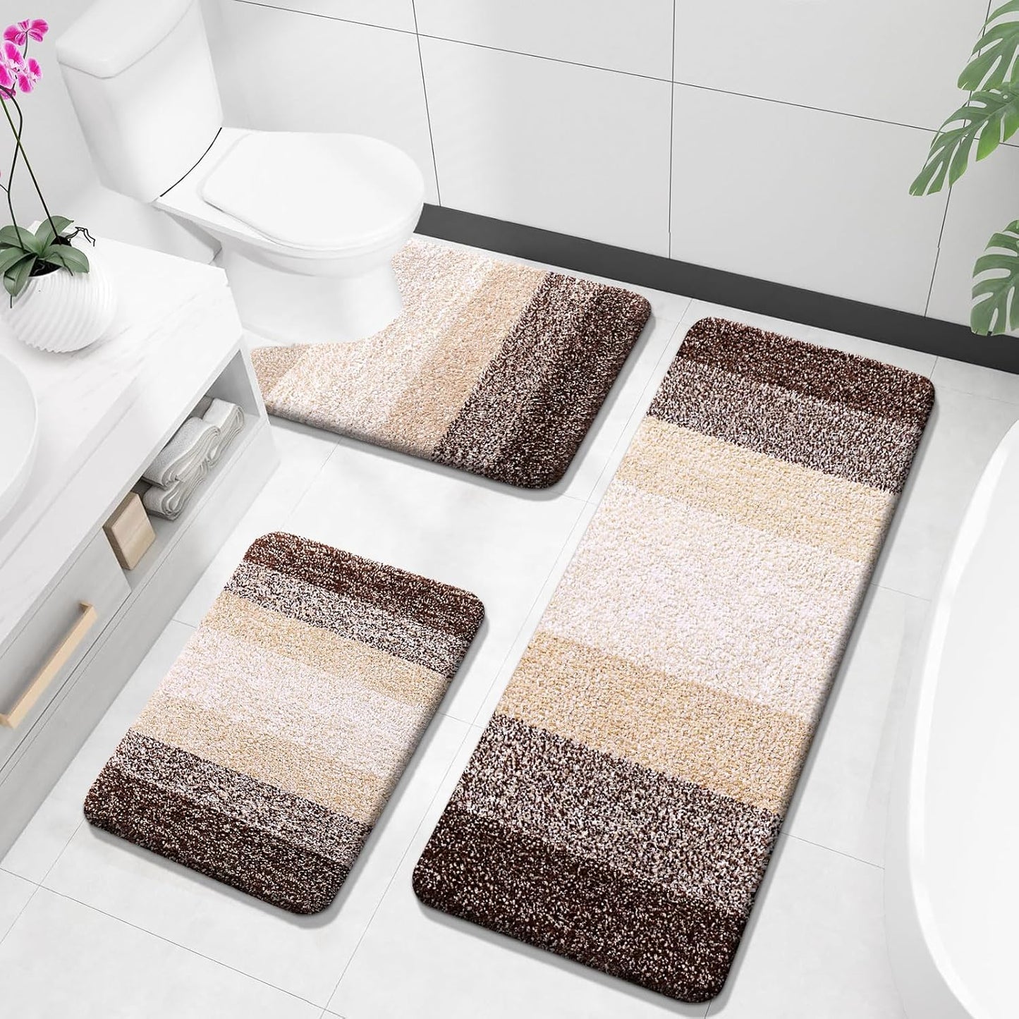 OLANLY Bathroom Rugs Sets 3 Piece, Soft Absorbent Microfiber Bath Mats and U-Shaped Contour Toilet Rug, Plush Shaggy Bath Mat Set for Bathroom (30"x20"+24"x16"+24"x20", Blackish Green)