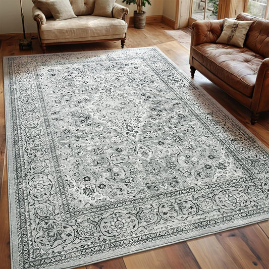 Washable Rug 4x6, Gray Area Rugs Non Slip, Indoor Low Pile Carpet with Rubber Backing for Living Room Kitchen Bathroom Entryway Office Bedroom
