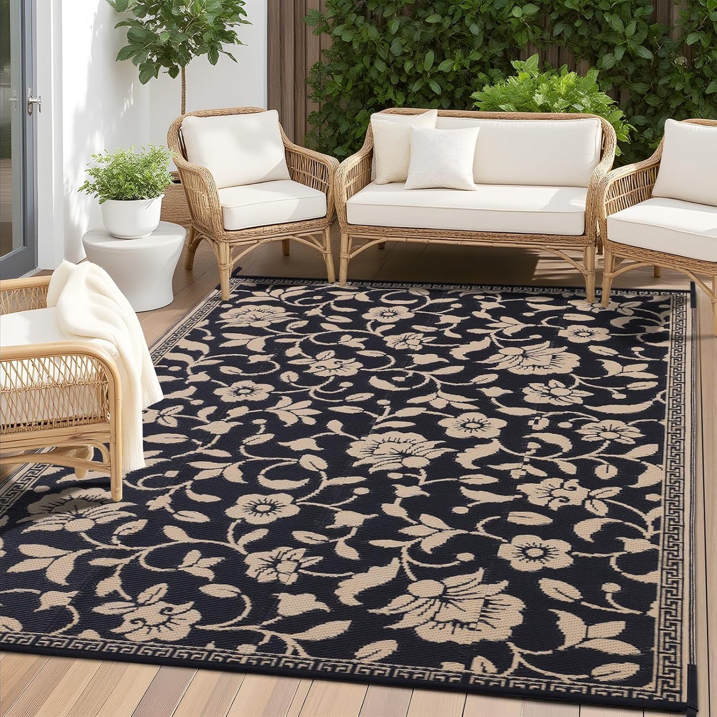 OLANLY Waterproof Outdoor Rug 5x8 ft, Outdoor Plastic Straw Rug with Flower Pattern, Reversible RV Mat for Patio, Camping, Balcony, Deck, Backyard, Black & White