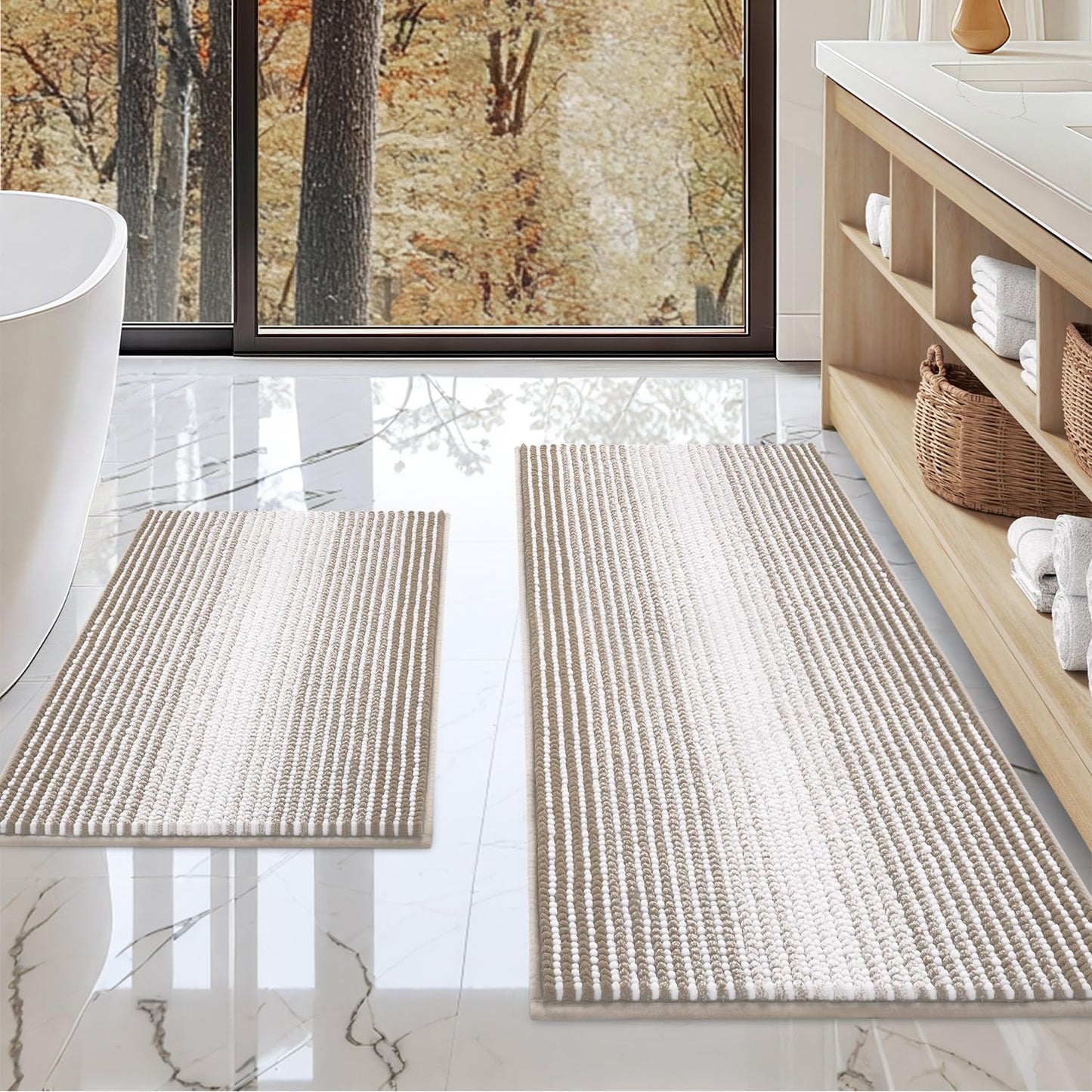 BSICPRO Bathroom Rugs and Mats Sets, 2 Piece Thick Absorbent Chenille Non Slip, Soft Shaggy Floor Mats, Machine Washable (20" x 47" Plus 16" x 24", Gray)