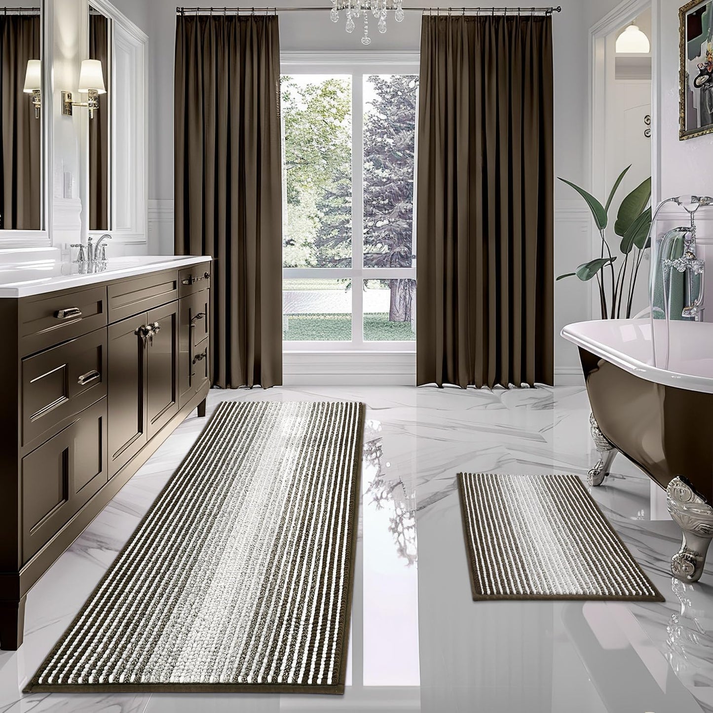 BSICPRO Bathroom Rugs and Mats Sets, 2 Piece Thick Absorbent Chenille Non Slip, Soft Shaggy Floor Mats, Machine Washable (20" x 47" Plus 16" x 24", Gray)