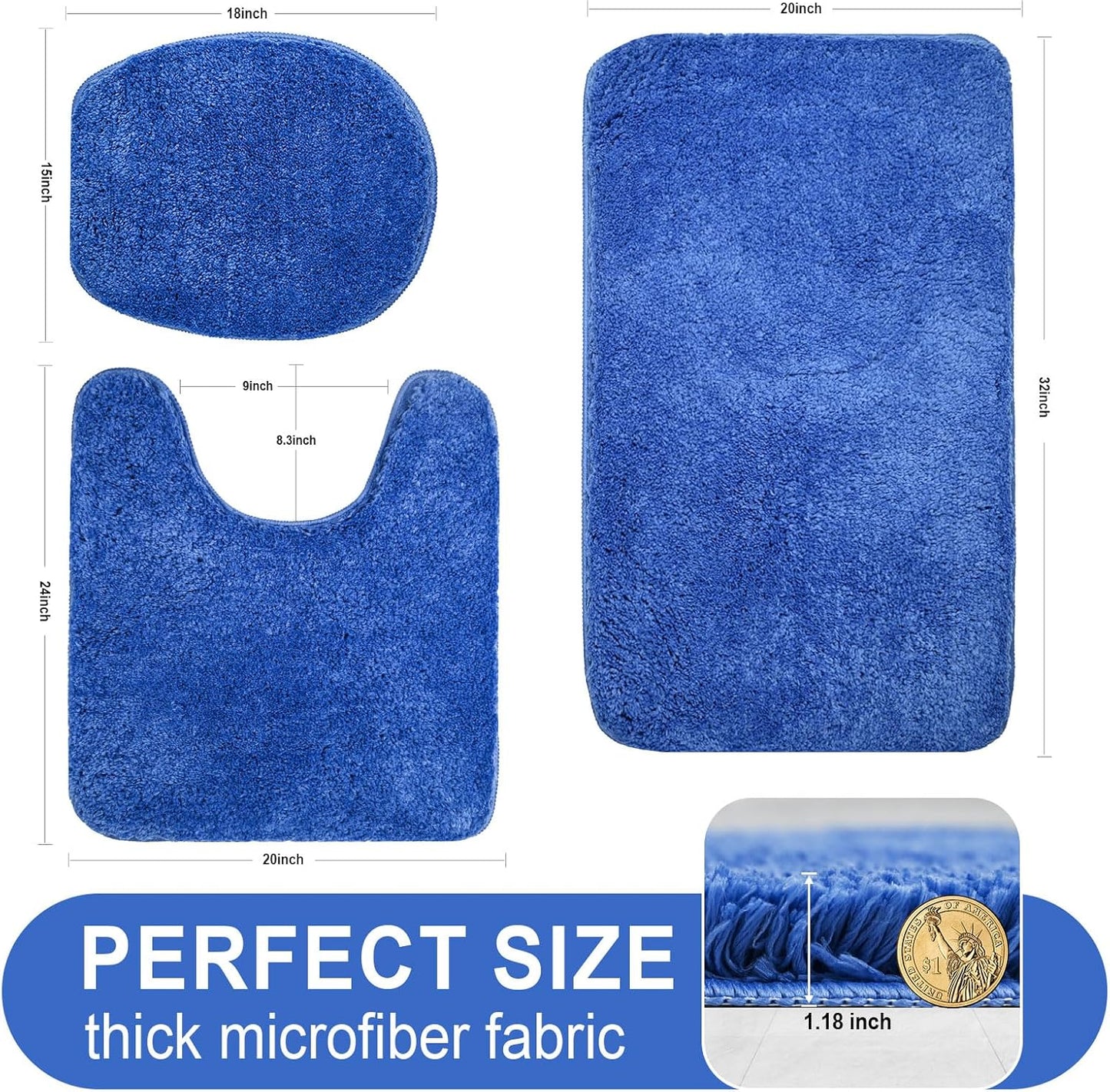 Bathroom Rugs Sets 3 Piece with Adjustable Toilet Seat Cover 17.5"x 15" Machine Washable Bath Rug Set with TPR Non Slip Rubber Backing Solid Bath Mat Set for Luxury Bathroom Decoration