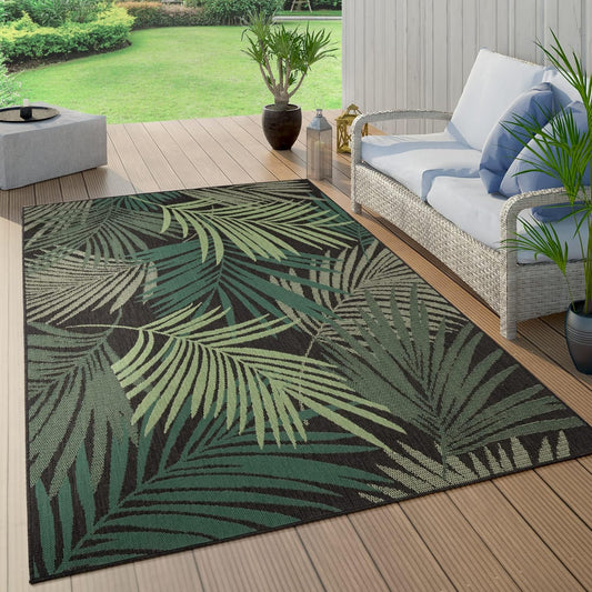 Indoor & Outdoor Rug Flat-Weave Jungle Floral Palm Trees Design Black Green, Size: 3'11" x 5'7"