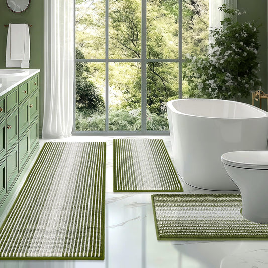 BSICPRO Bathroom Rugs Sets 3 Piece, Toilet Rugs U-Shaped Contour Bath Mat Set, Long Striped Absorbent Non Slip Chenille Shower Mat, Sage