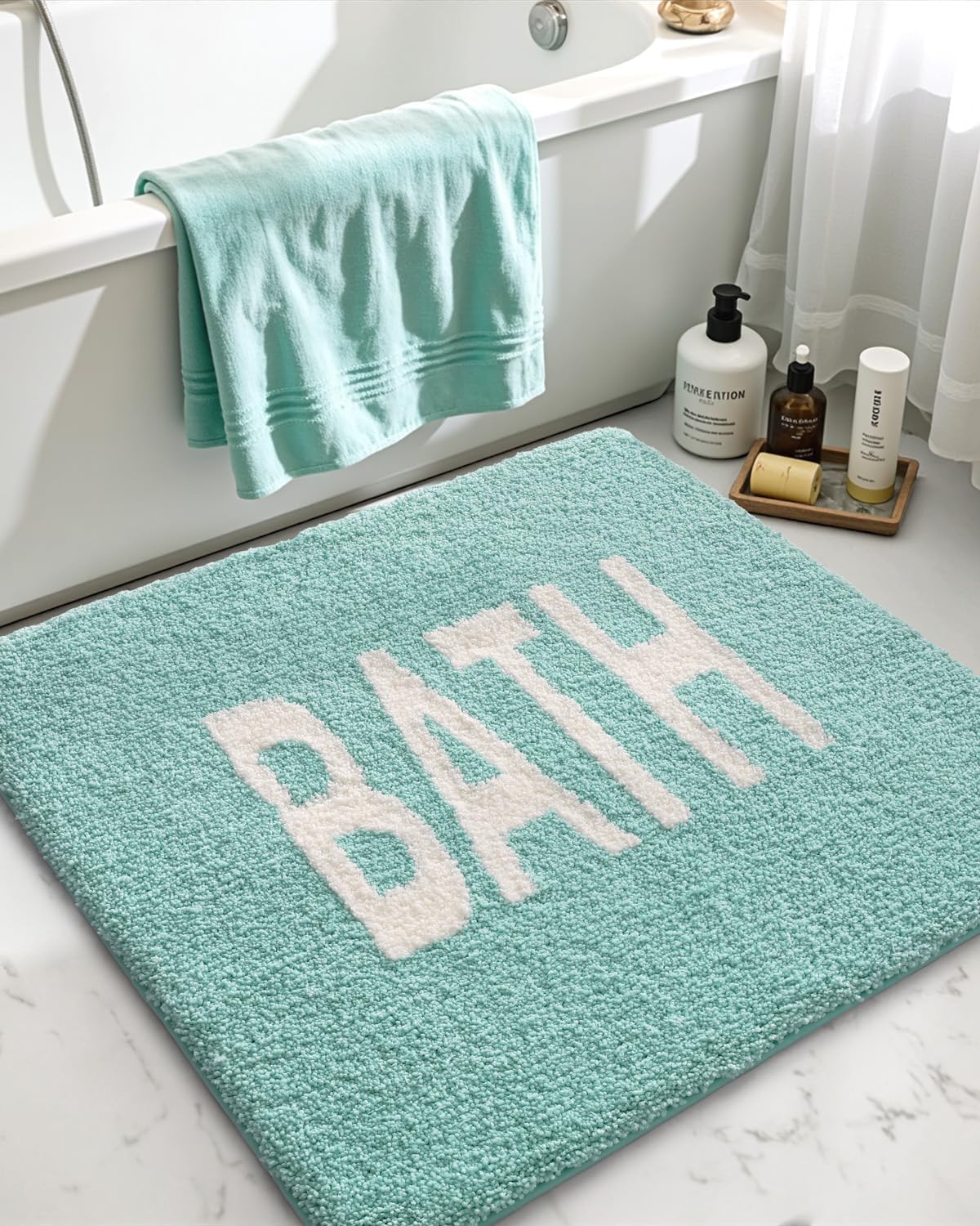 DEXI Bathroom Rug Non Slip, Washable Bath Mat Absorbent, Soft Microfiber Bathmat Monstera Deliciosa Embossed Leaf Carpet for Shower Floor, Square 24x24,Green
