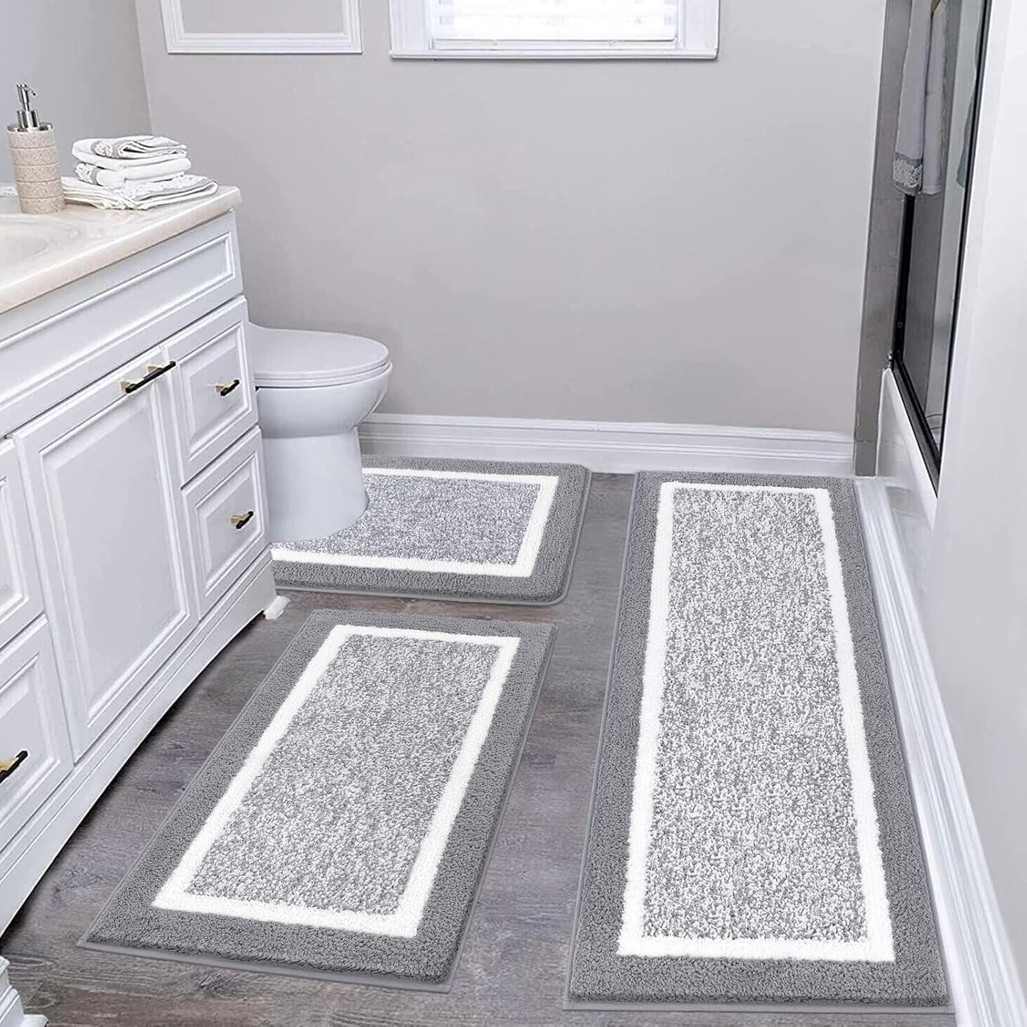 Pauwer Bathroom Rug Mat Set 3 Piece, Microfiber Shaggy Bath Set, Non-Slip Ultra Soft Carpet Mats, Absorbent with U-Shaped Toilet for Bathroom, Tub, Shower, Dark Grey