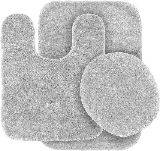 Elegant Homes 3 Piece Bathroom Rug Set Bath Rug, Contour Mat, & Lid Cover Non-Slip with Rubber Backing Solid Color # Angela (Silver/Light Grey)