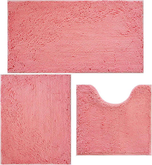 Valentine's Day Bathroom Rugs Chenille Bath mat 3 Piece Set, Super Absorbent, Strong PVC Non Slip, Bath mats for Bathroom, Plush Shaggy, Thick, Machine Washable, Bathtub, Shower, Toilet, Pink