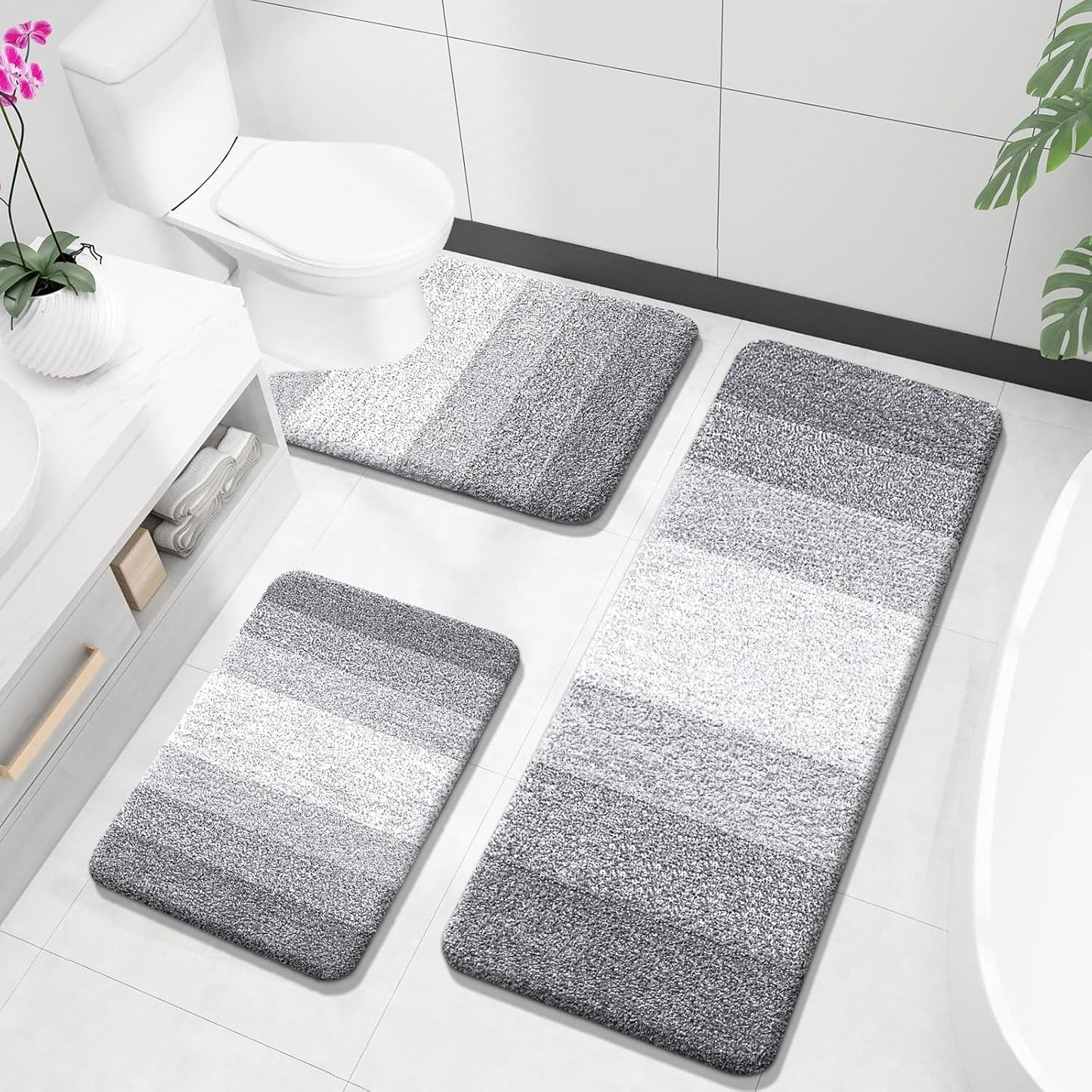 OLANLY Bathroom Rugs Sets 3 Piece, Soft Absorbent Microfiber Bath Mats and U-Shaped Contour Toilet Rug, Plush Shaggy Bath Mat Set for Bathroom (30"x20"+24"x16"+24"x20", Blackish Green)