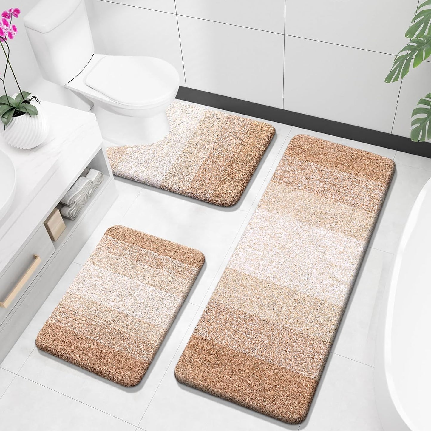 OLANLY Bathroom Rugs Sets 3 Piece, Soft Absorbent Microfiber Bath Mats and U-Shaped Contour Toilet Rug, Plush Shaggy Bath Mat Set for Bathroom (30"x20"+24"x16"+24"x20", Blackish Green)