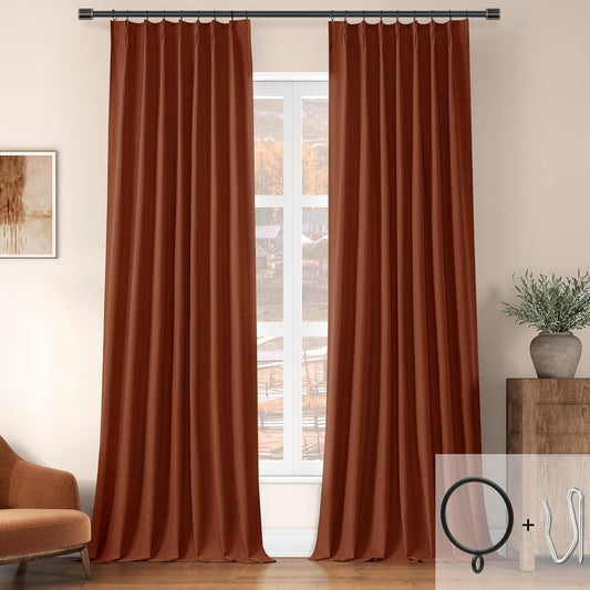ChrisDowa Terracotta Pinch Pleated Blackout Linen Curtains 102 Inch Long 2 Panels for Living Room Bedroom Farmhouse Room darking Thermal Insulated Back Tab Hooks Rings Window Treatment Drapes,40x102