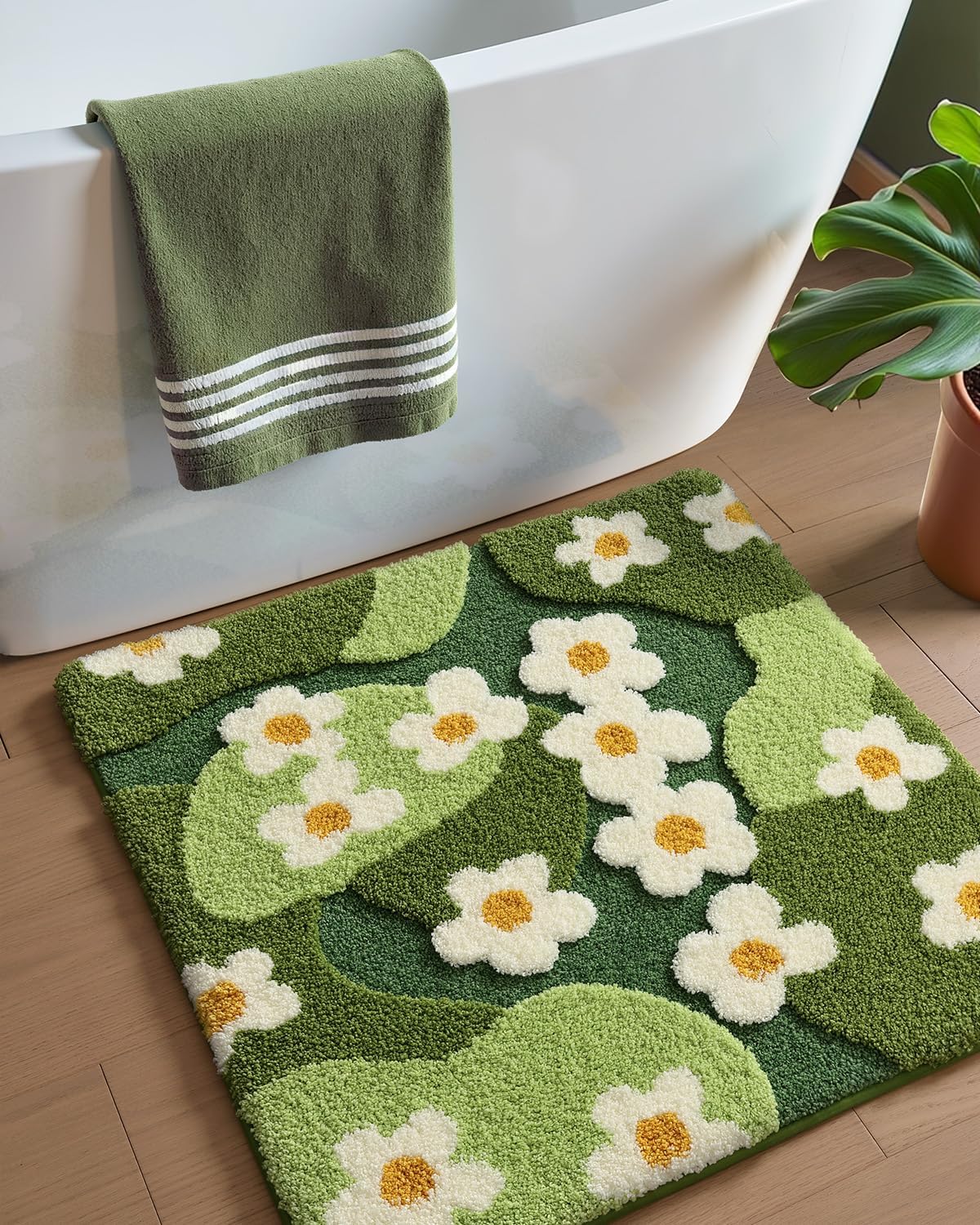 DEXI Bathroom Rug Non Slip, Washable Bath Mat Absorbent, Soft Microfiber Bathmat Monstera Deliciosa Embossed Leaf Carpet for Shower Floor, Square 24x24,Green