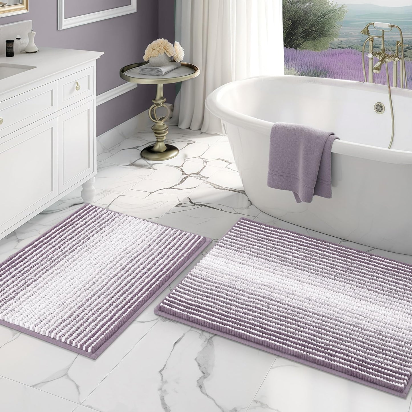 BSICPRO Bathroom Rugs and Mats Sets, 2 Piece Thick Absorbent Chenille Non Slip, Soft Shaggy Floor Mats, Machine Washable (20" x 47" Plus 16" x 24", Gray)