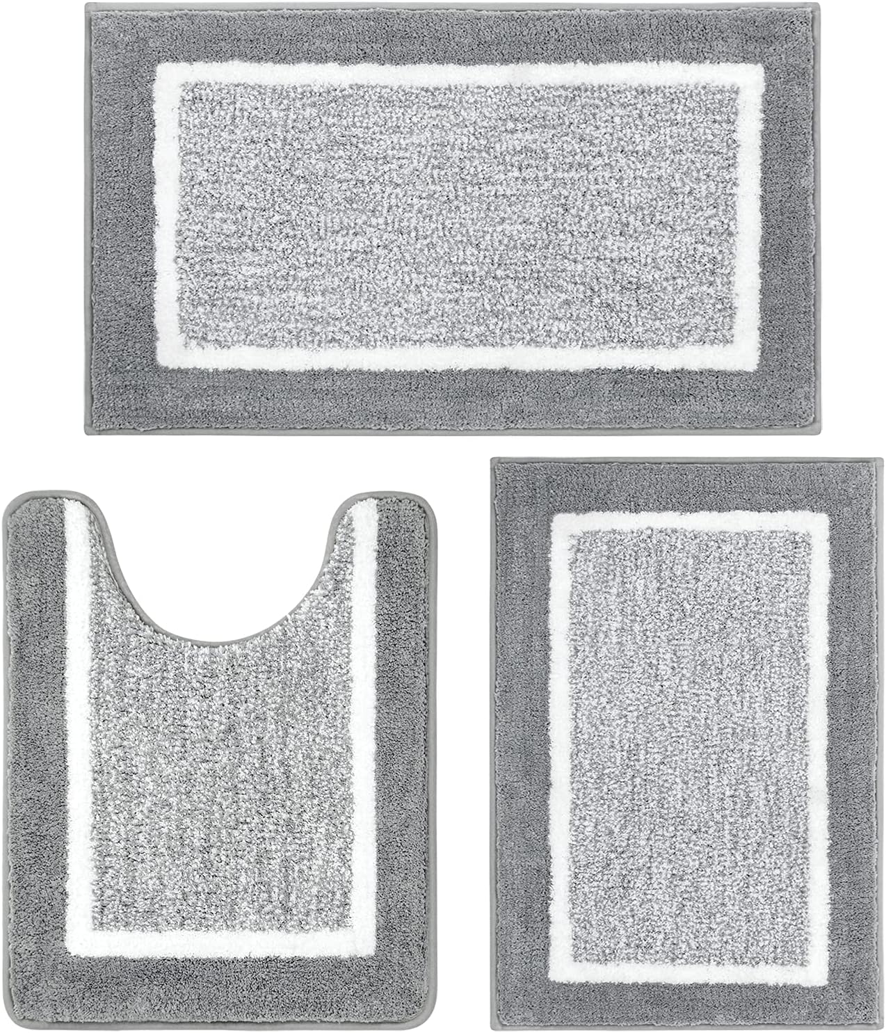 Pauwer Bathroom Rug Mat Set 3 Piece, Microfiber Shaggy Bath Set, Non-Slip Ultra Soft Carpet Mats, Absorbent with U-Shaped Toilet for Bathroom, Tub, Shower, Dark Grey