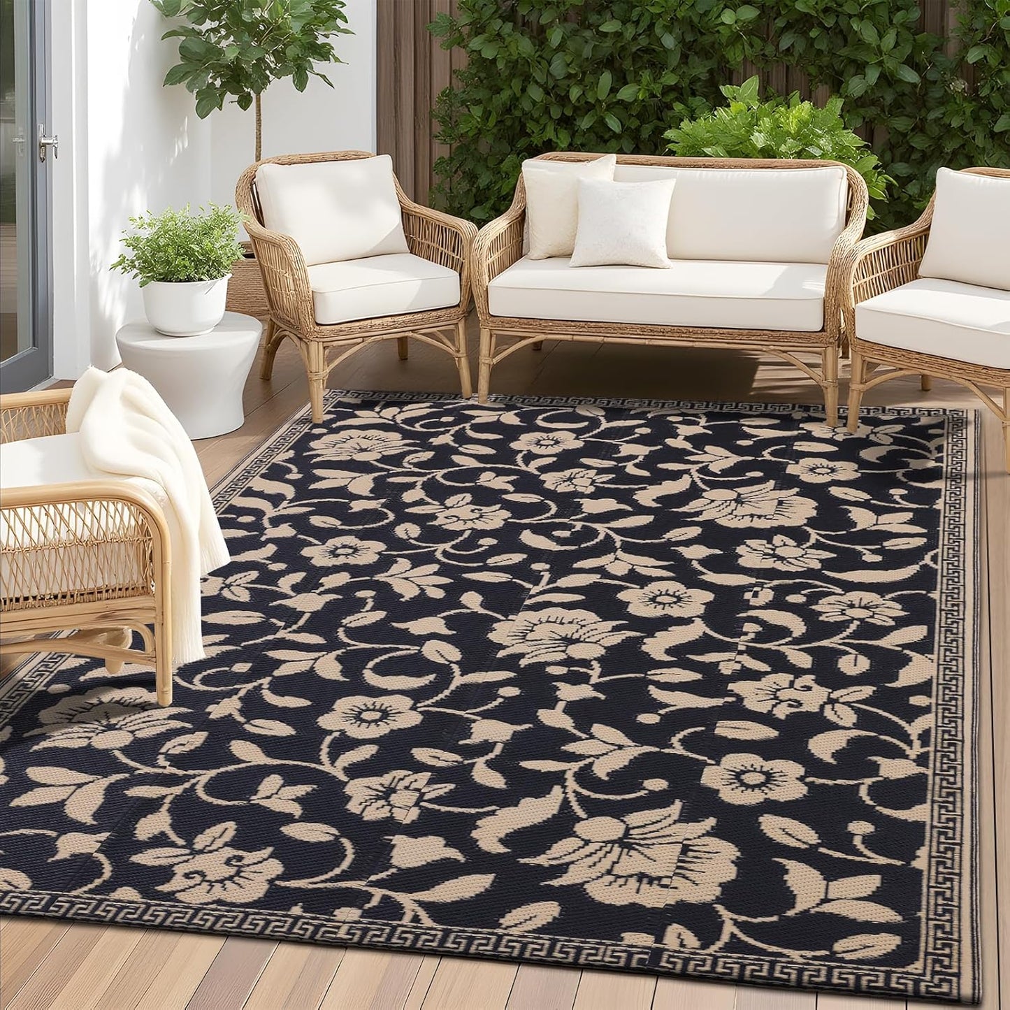 OLANLY Waterproof Outdoor Rug 5x8 ft, Outdoor Plastic Straw Rug with Flower Pattern, Reversible RV Mat for Patio, Camping, Balcony, Deck, Backyard, Black & White