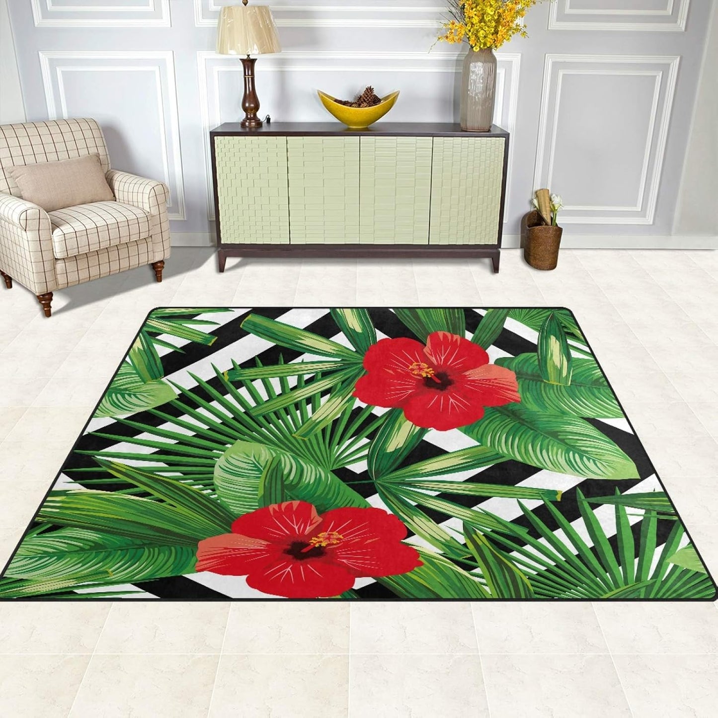 ALAZA Tropical Palm Tree Leaves Red Hibiscus Flower Area Rug Rugs for Living Room Bedroom 7' x 5'