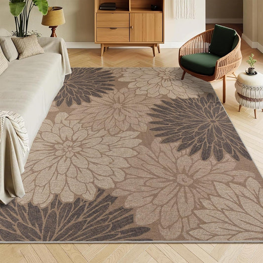 Floral Easy Jute Rug 5x7 Outdoor Patio Rug Washable Area Rugs for Living Room Bedroom Non Slip Neutral Farmhouse Indoor Outdoor Carpet for Backyard Patio Office