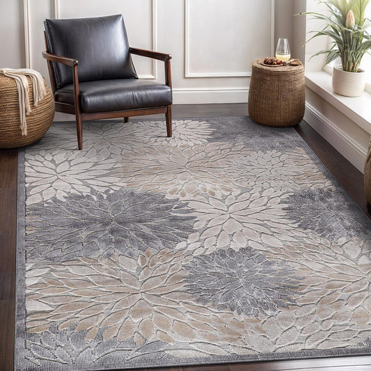 CAMILSON Indoor Outdoor Rug, Beige 5x7 Floral Exotic Tropical Area Rugs for Indoor and Outdoor Patios, Easy-Cleaning Non-Shedding Living Room, Garden and Kitchen Washable Outside Carpet (5 x 7)