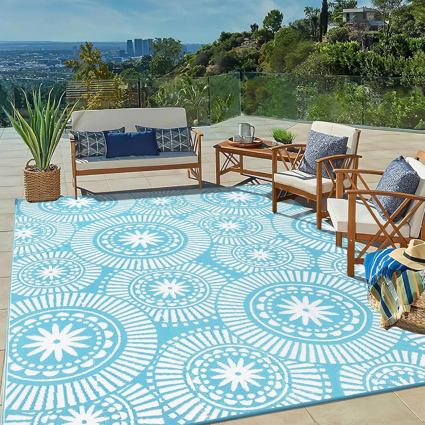 Ileading Round Outdoor Plastic Straw Rug 6ft Funny Floral Style Reversible Patio Area Rugs Waterproof Non Shedding Portable Carpets for Rv Outside Deck Pool Beach Picnic Camping (Pink)
