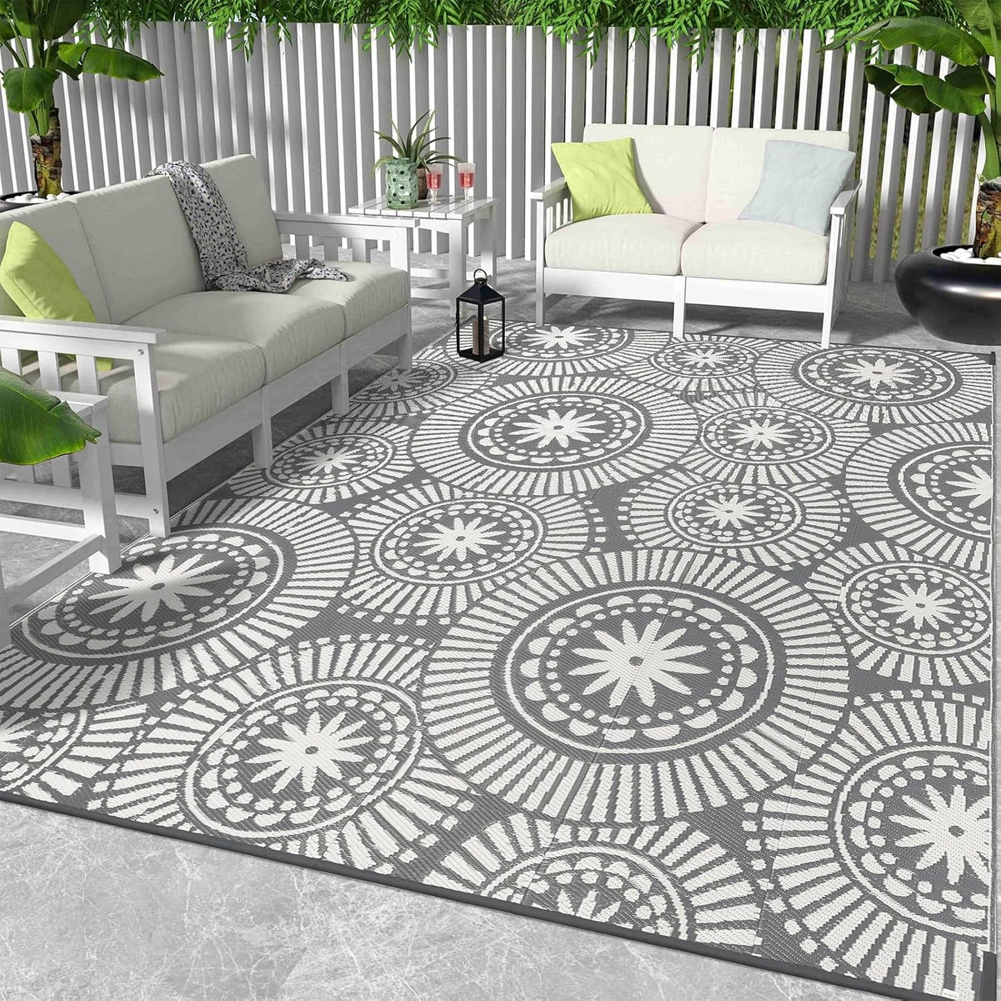 Ileading Round Outdoor Plastic Straw Rug 6ft Funny Floral Style Reversible Patio Area Rugs Waterproof Non Shedding Portable Carpets for Rv Outside Deck Pool Beach Picnic Camping (Pink)