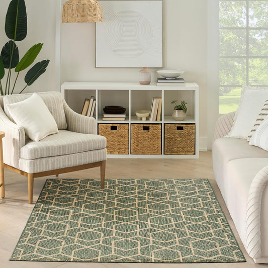 Nourison Horizon Indoor/Outdoor Green 4' x 6' Area Rug - Easy Cleaning, Non Shedding, Bed Room, Living Room, Dining Room, Kitchen (4' x 6')