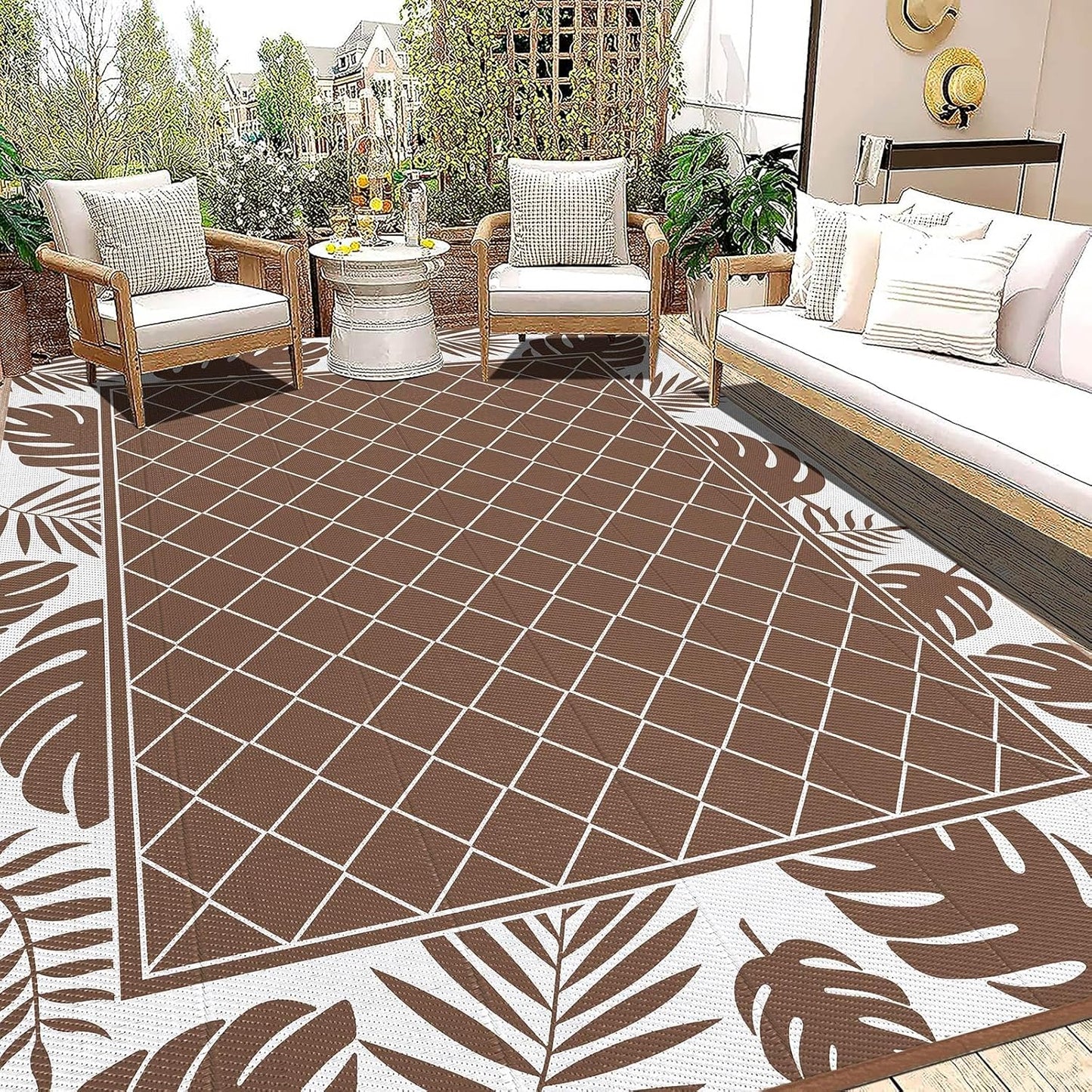 Ileading Reversible Outdoor Rug 6x9Ft Waterproof Patio Rug Carpet Portable Outdoor Plastic Straw Rug Large RV Camping Mat Rug for Patio, Clearance, Deck, Beach, Porch, Camping, Picnic, Flower Grey