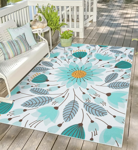 Uphome Blue Floral Patio Rug 6x9 ft, Breathable & Quick Drying Outdoor Rug Carpet, Non-Slip Washable RV Camping Mat, Flower Indoor Outdoor Area Rug for Backyard Garden Deck Balcony Picnic, 6'x9'