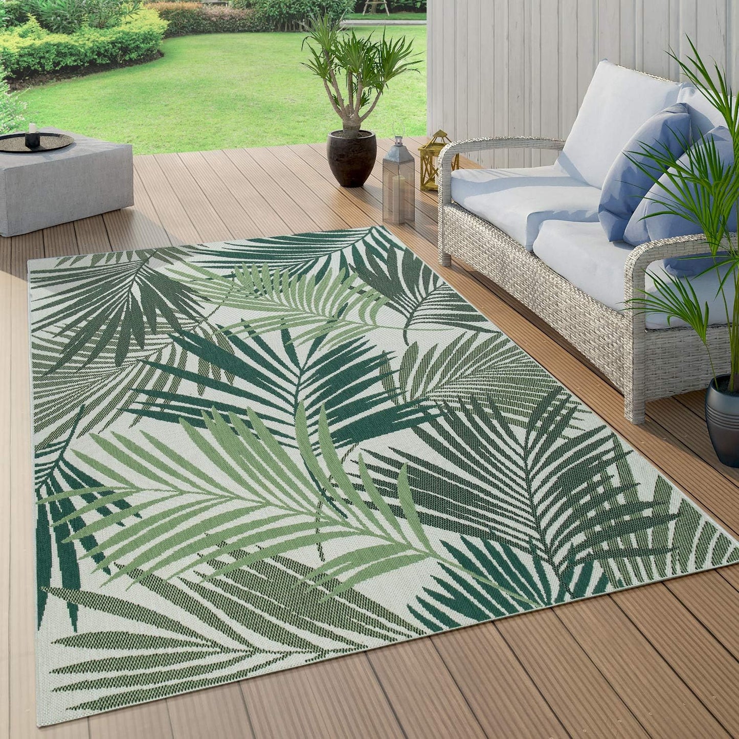 Indoor & Outdoor Rug Flat-Weave Jungle Floral Palm Trees Design Black Green, Size: 3'11" x 5'7"