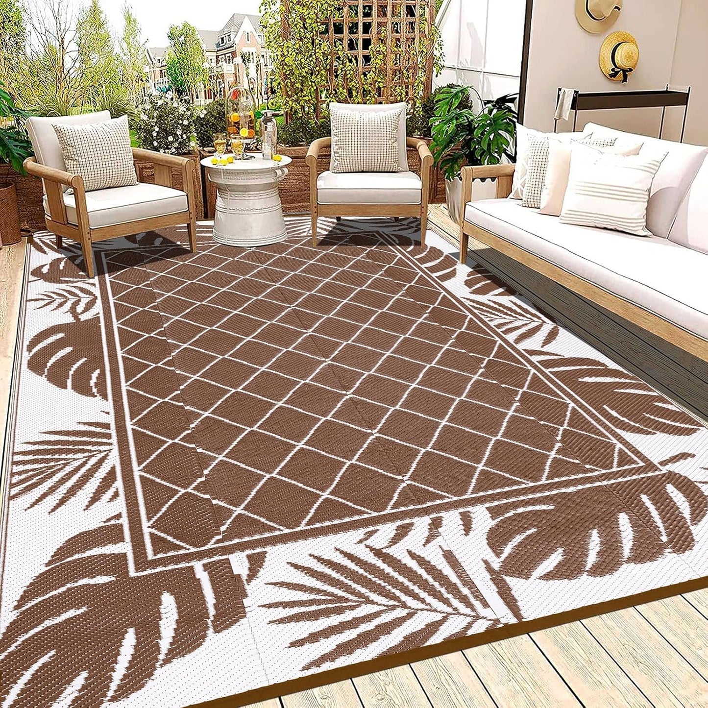 Ileading Reversible Outdoor Rug 6x9Ft Waterproof Patio Rug Carpet Portable Outdoor Plastic Straw Rug Large RV Camping Mat Rug for Patio, Clearance, Deck, Beach, Porch, Camping, Picnic, Flower Grey
