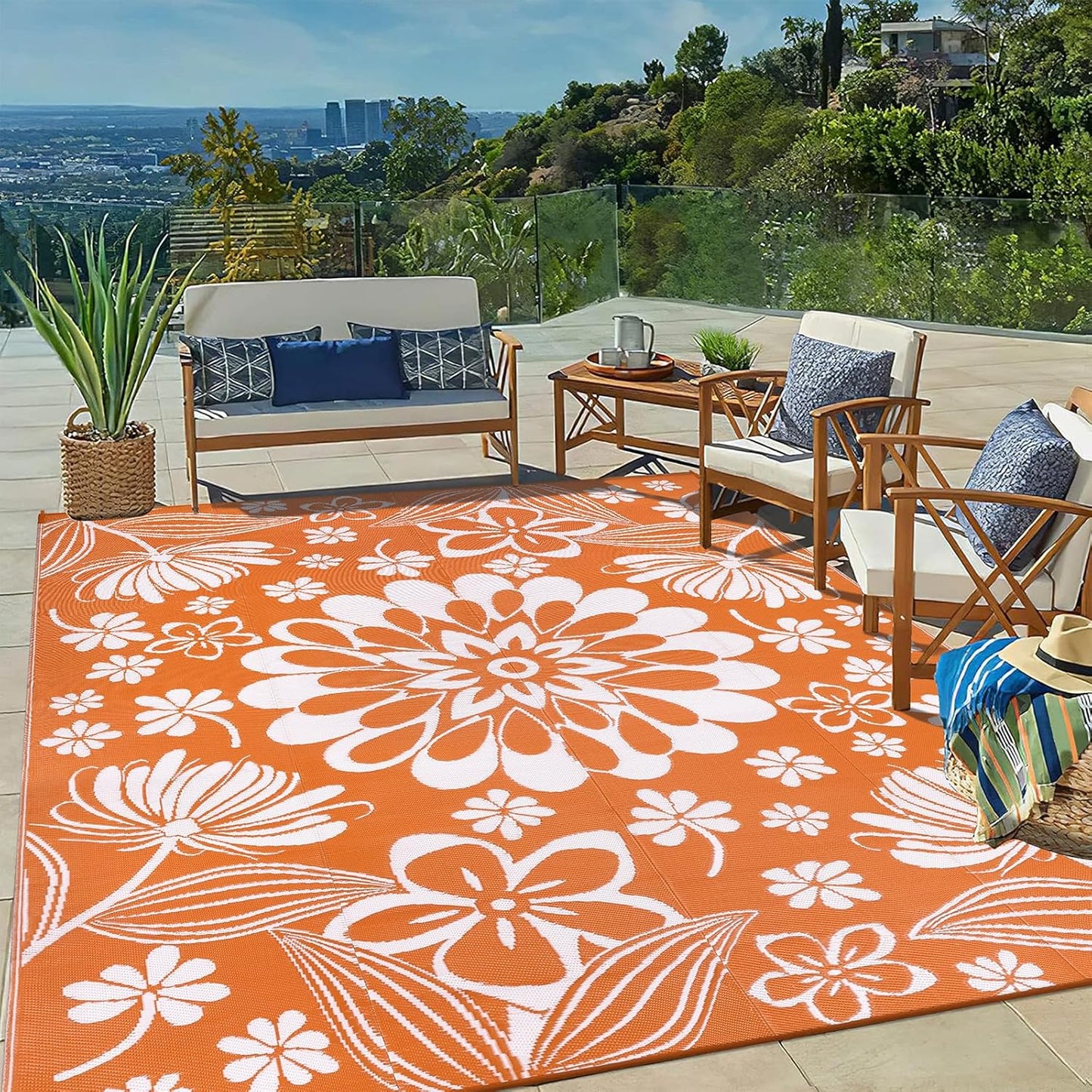Ileading Round Outdoor Plastic Straw Rug 6ft Funny Floral Style Reversible Patio Area Rugs Waterproof Non Shedding Portable Carpets for Rv Outside Deck Pool Beach Picnic Camping (Pink)