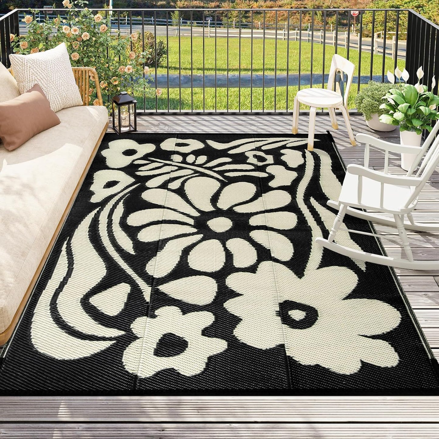 Wonnitar 6x9 Outdoor Rug Waterproof, Reversible Plastic Straw RV Rugs for Camping Outside, Large Portable RV Outdoor Mat Orange Abstract Flower Tent Rug for Camping Garden Picnic (Orange, 6'x9')