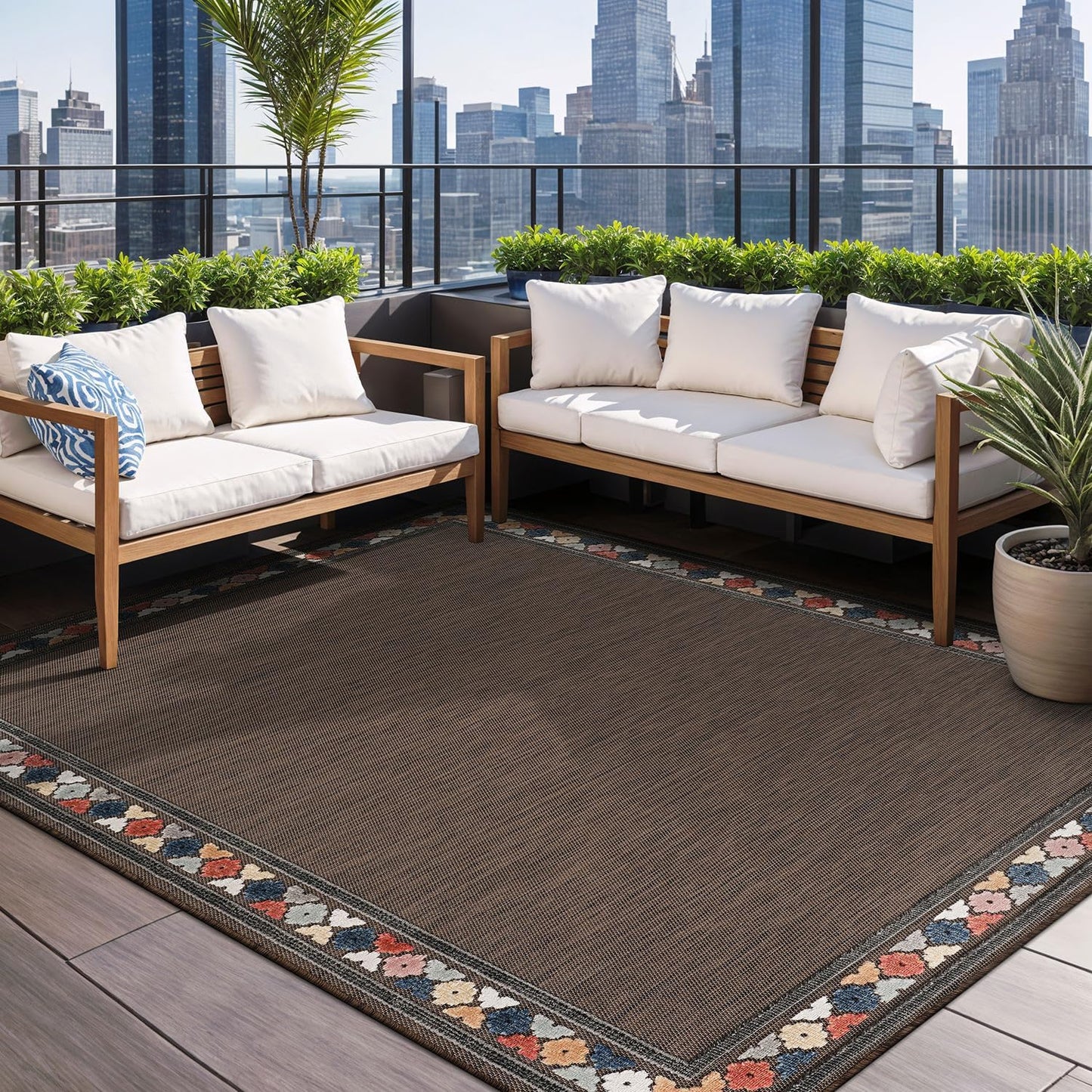 Beverly Rug Outdoor Rug 9x12 Large Modern Floral Tropical Area Rugs for Indoor and Outdoor Patio Easy to Clean Non Shedding Living Room Porch Garden Washable Outside Carpet (9 x 12 Brown)