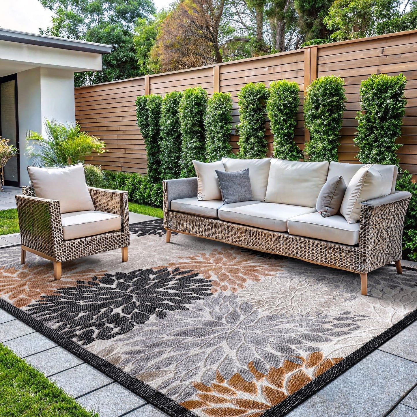 CAMILSON Indoor Outdoor Rug, Beige 5x7 Floral Exotic Tropical Area Rugs for Indoor and Outdoor Patios, Easy-Cleaning Non-Shedding Living Room, Garden and Kitchen Washable Outside Carpet (5 x 7)