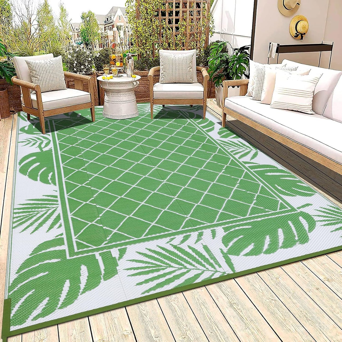 Ileading Reversible Outdoor Rug 6x9Ft Waterproof Patio Rug Carpet Portable Outdoor Plastic Straw Rug Large RV Camping Mat Rug for Patio, Clearance, Deck, Beach, Porch, Camping, Picnic, Flower Grey
