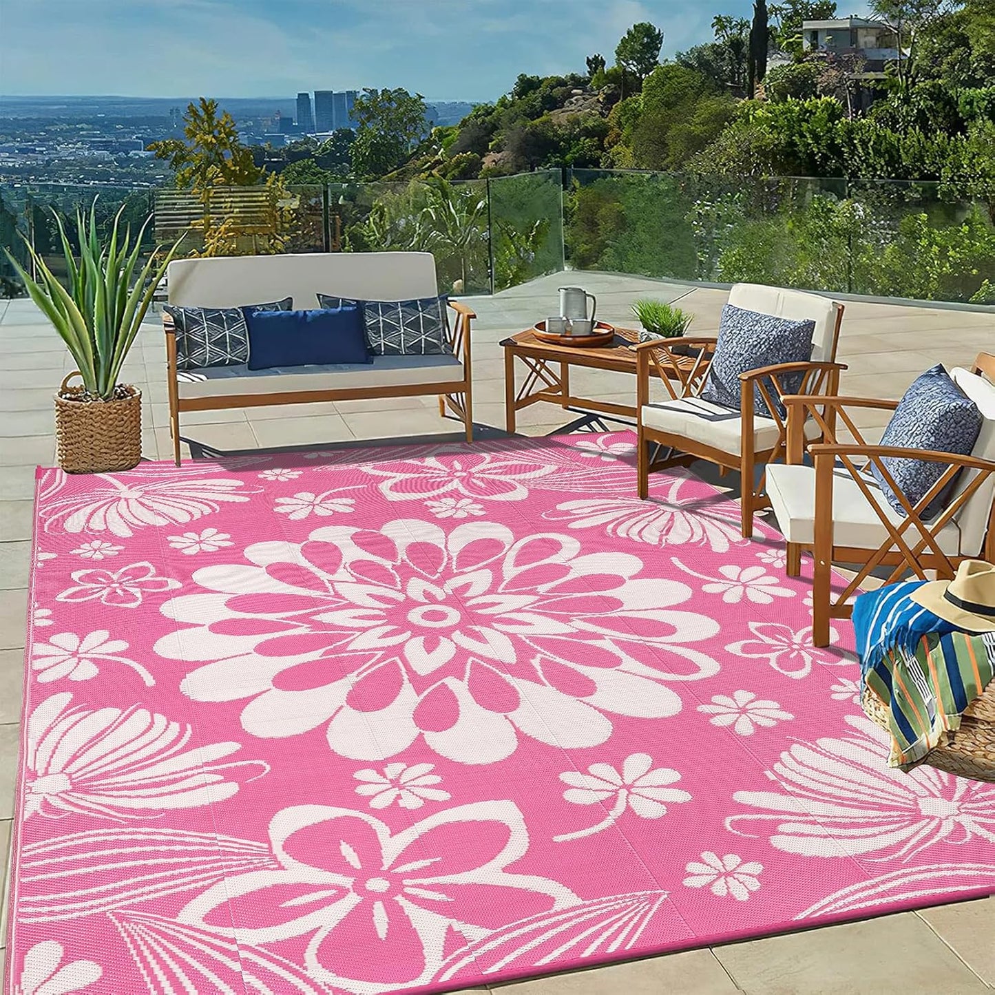 Ileading Round Outdoor Plastic Straw Rug 6ft Funny Floral Style Reversible Patio Area Rugs Waterproof Non Shedding Portable Carpets for Rv Outside Deck Pool Beach Picnic Camping (Pink)