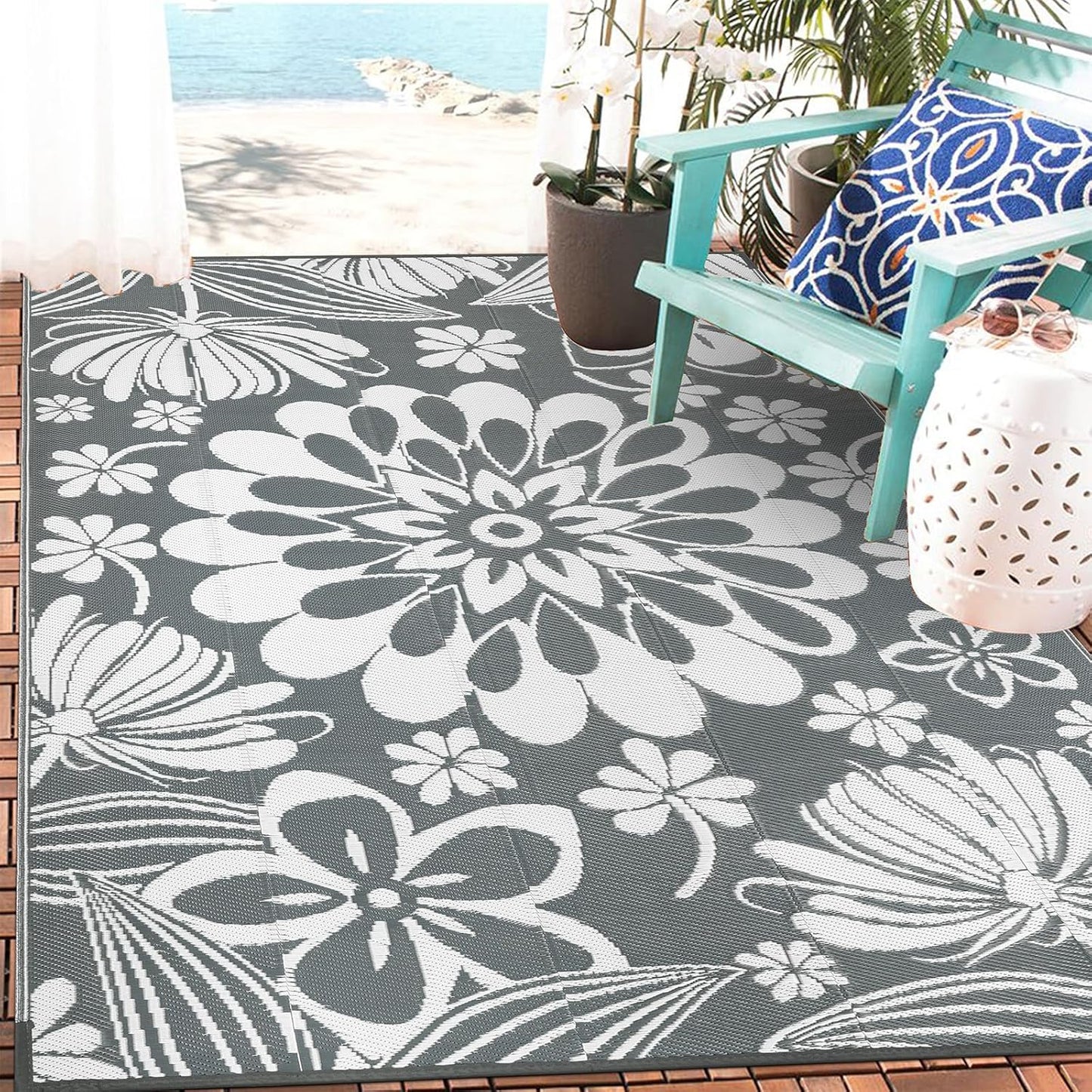 Ileading Round Outdoor Plastic Straw Rug 6ft Funny Floral Style Reversible Patio Area Rugs Waterproof Non Shedding Portable Carpets for Rv Outside Deck Pool Beach Picnic Camping (Pink)