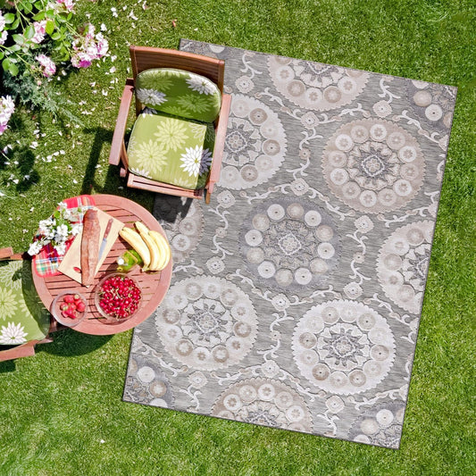 CAMILSON Indoor Outdoor Rug 8x10 Bohemian Medallion Floral Area Rugs for Indoor and Outdoor Patios Easy-Cleaning Non-Shedding Living Room Garden and Kitchen Washable Outside Carpet (8 x 10 / Beige)