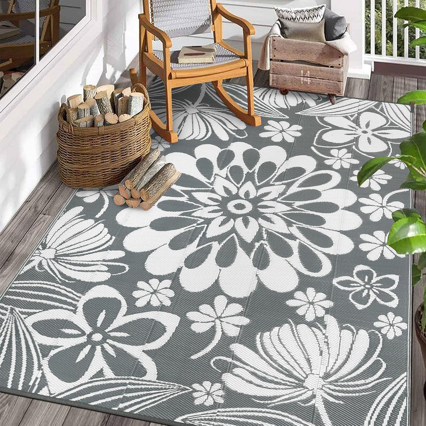 Ileading Round Outdoor Plastic Straw Rug 6ft Funny Floral Style Reversible Patio Area Rugs Waterproof Non Shedding Portable Carpets for Rv Outside Deck Pool Beach Picnic Camping (Pink)