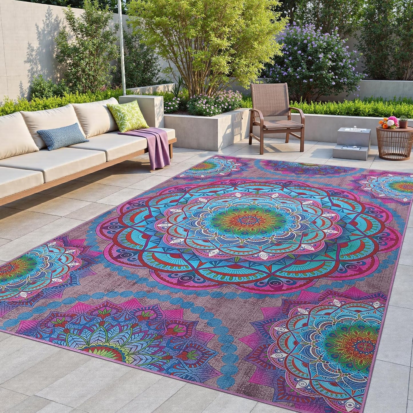 Meditation Indoor Outdoor Rug 5x8 ft Mandala Pattern Rug Boho Style,Yoga Meditation Mat Picnic Rug for Patio Living Room Porch Garden Deck Backyard Easy to Clean Non Shedding Non-Slip