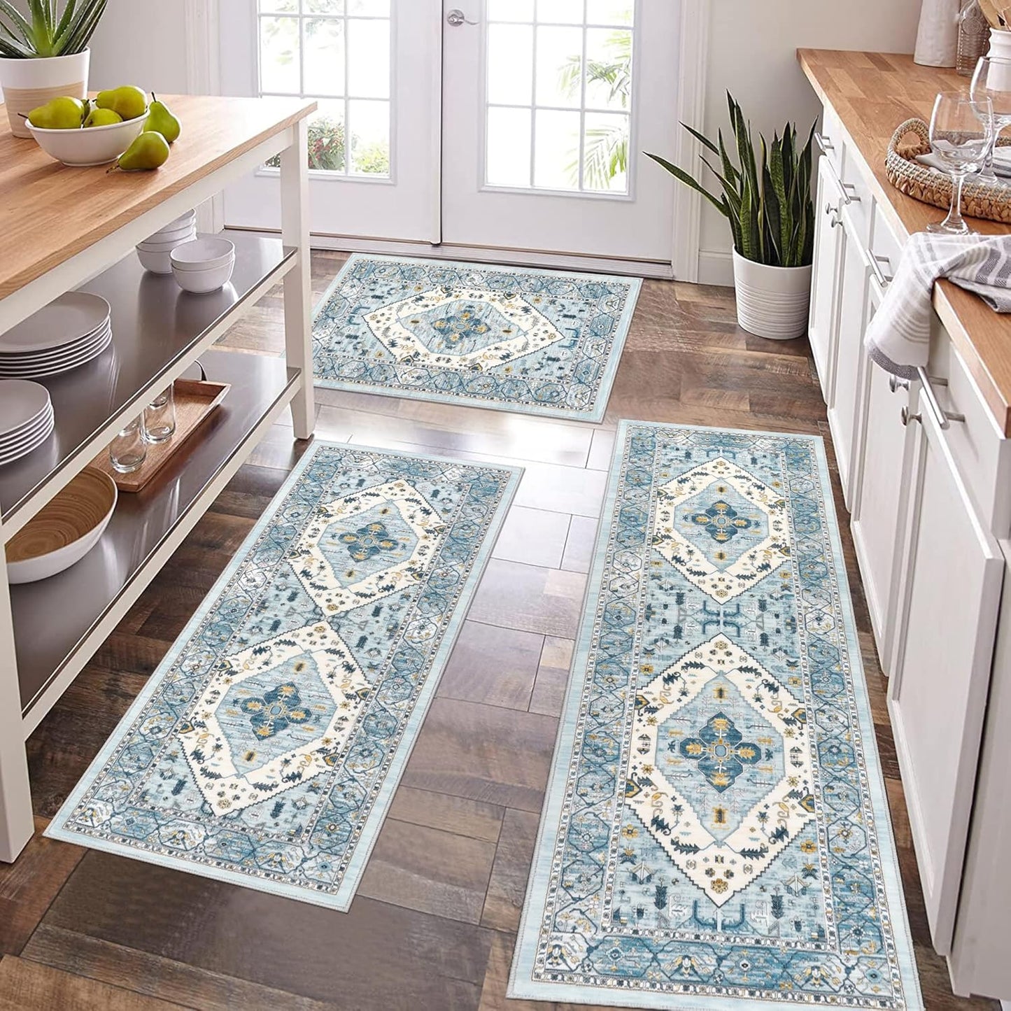 Pauwer Kitchen Mats for Floor 3 Piece Set Boho Non Slip Kitchen Rugs Washable Farmhouse Kitchen Floor Mats Thick Long Kitchen Throw Area Rug Carpet Runner for Hallway Entryway Laundry Bathroom, Blue