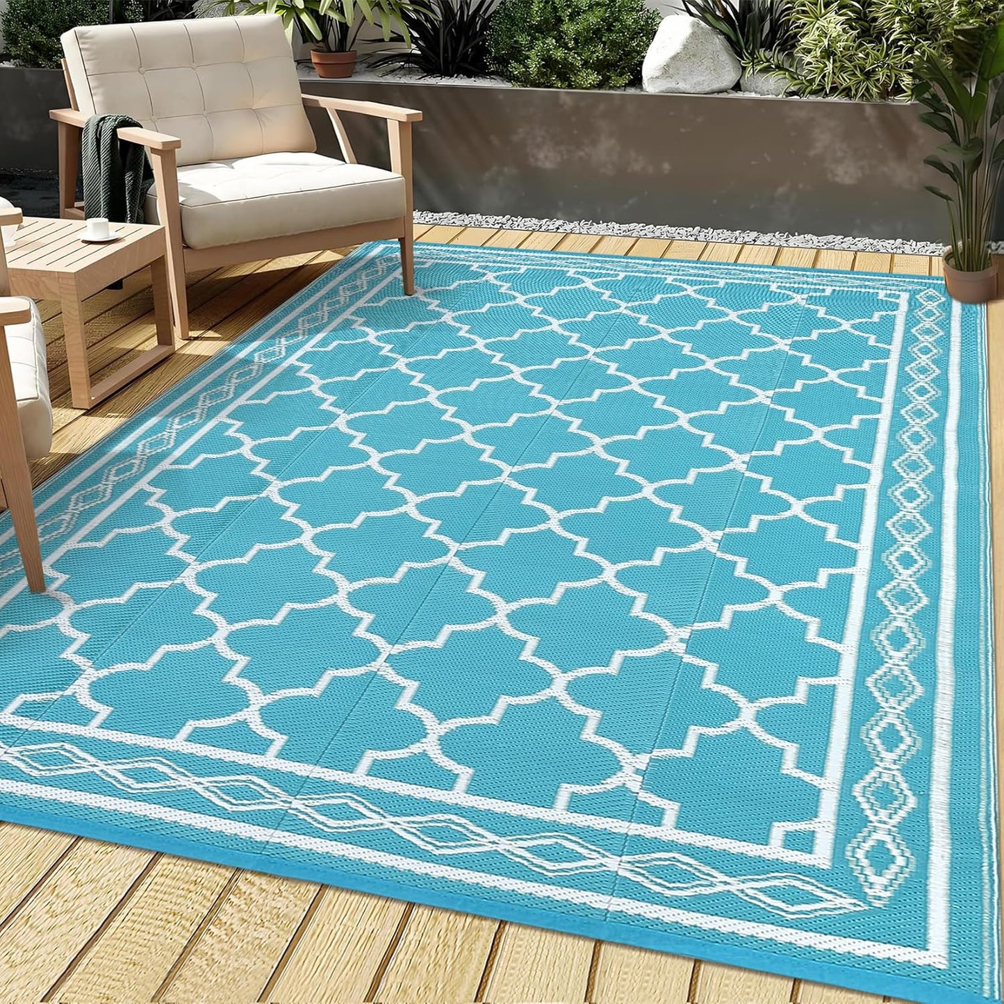 GAOMON Outdoor Plastic Straw Rug, 10'x20' Reversible Sage Green Patio Mat, Flower Modern Design for RV, Backyard, Deck, Camping, Picnic, Teal/Yellow(Bohemia)
