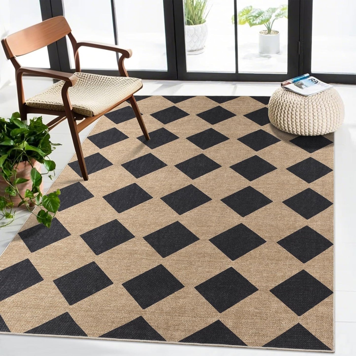 Floral Easy Jute Rug 5x7 Outdoor Patio Rug Washable Area Rugs for Living Room Bedroom Non Slip Neutral Farmhouse Indoor Outdoor Carpet for Backyard Patio Office
