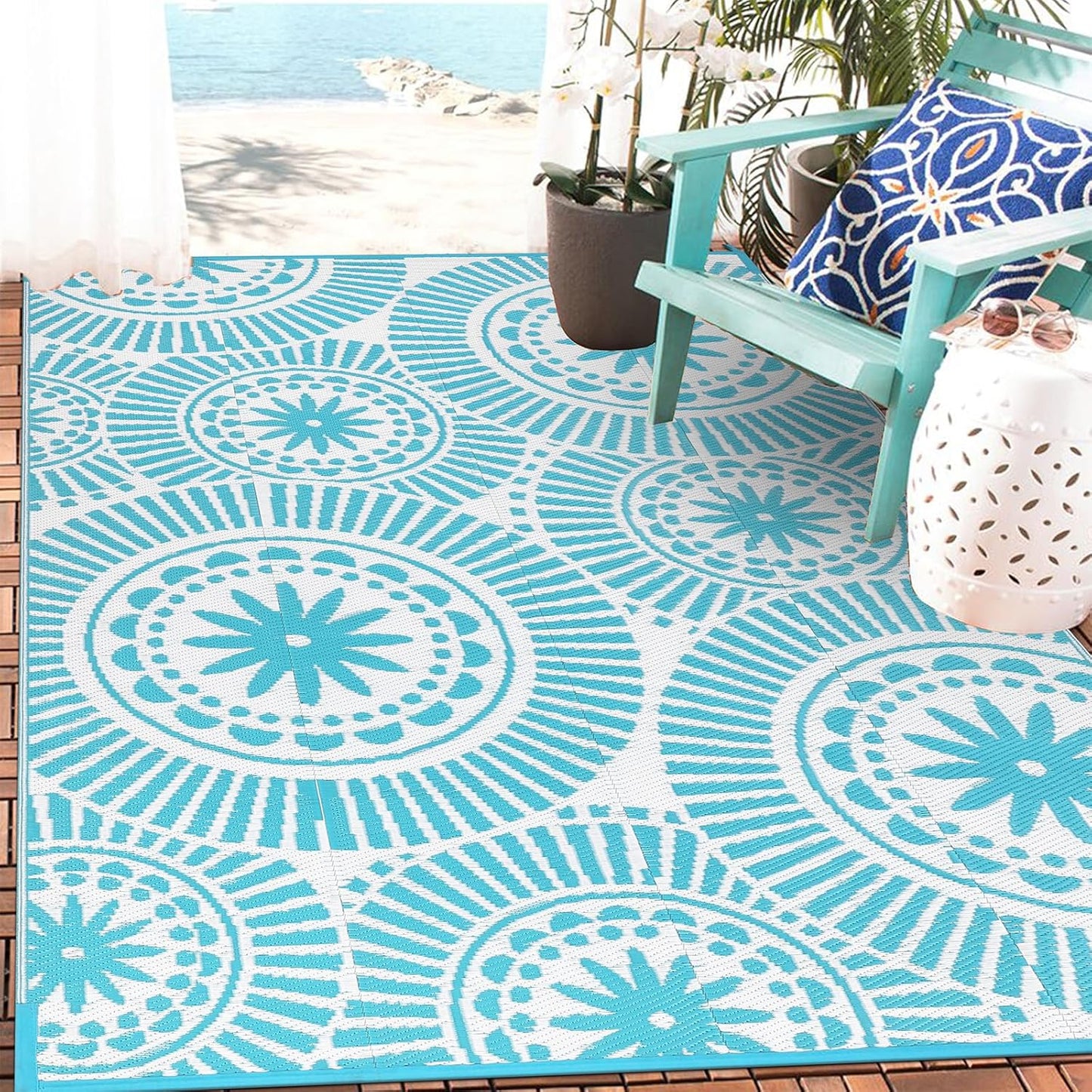 Ileading Round Outdoor Plastic Straw Rug 6ft Funny Floral Style Reversible Patio Area Rugs Waterproof Non Shedding Portable Carpets for Rv Outside Deck Pool Beach Picnic Camping (Pink)