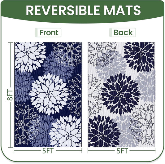 LuxStep Outdoor Rug Waterproof Outdoor Plastic Straw Rug Reversible Patio Rug Mat Outdoor Decor Large Area Mats for RV, Picnic, Backyard, Deck, Balcony, Porch, Beach, Camping, 5' x 8' Blue